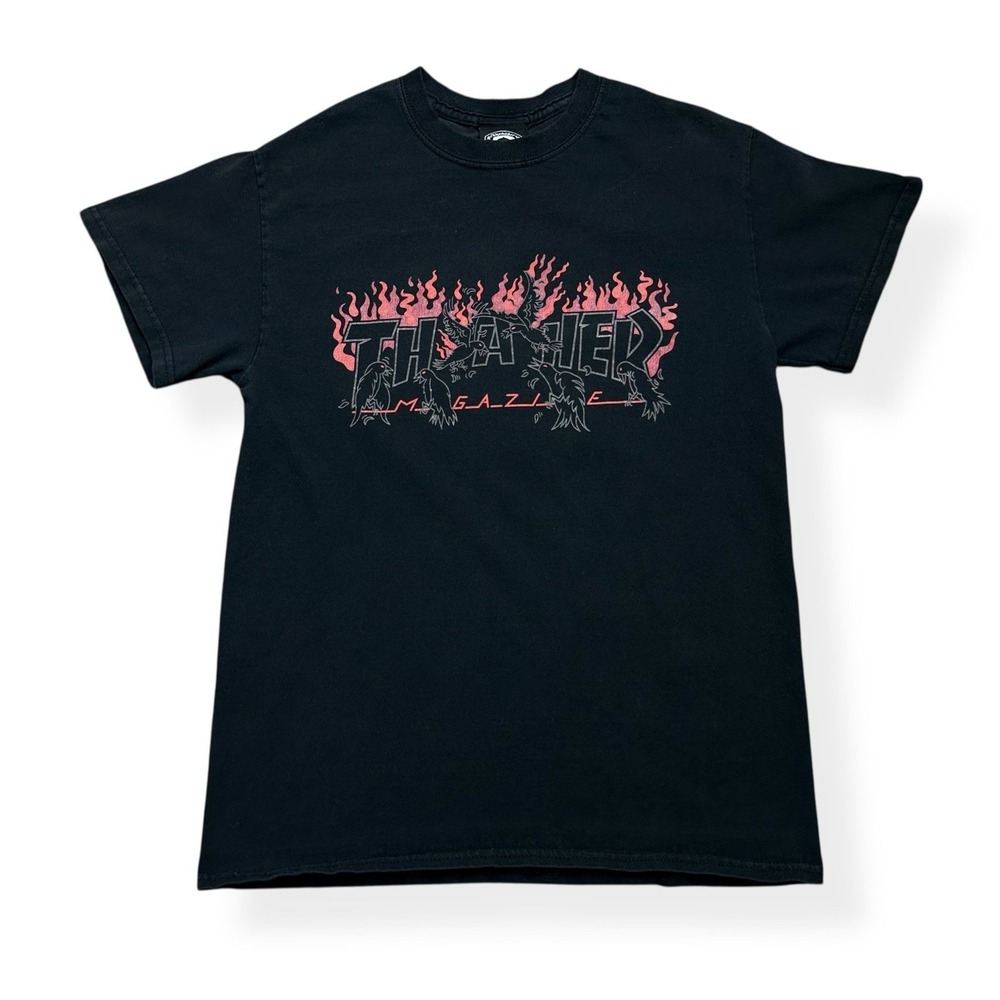 VTG Thrasher Magazine T-Shirt Men's Small Crows Logo Black Flames Skate‎ Graphic